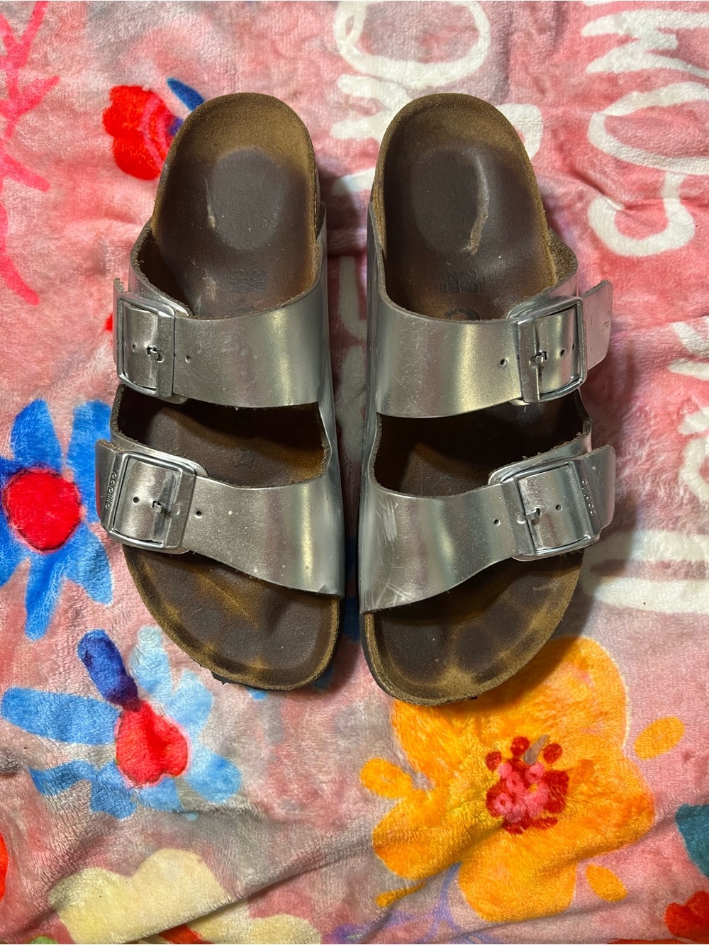 Birkenstock Arizona platform Metallic Silver Double-Buckle Slide Slides size 39